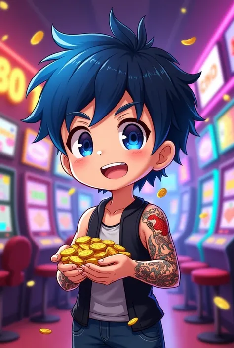 full body Japanese male chibi short hair two-block tattoo casino coin