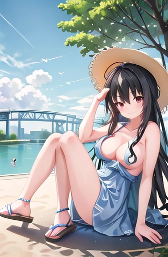 (masterpiece, Highest quality:1.2), Sharp focus,
Glowing Skin,
Shoko Ishida, Red eyes, Black Hair, Long Hair, drill sidelocks,
A day at the park: Sundress, Straw hat, Sandals.,
smile, Large Breasts, Completely naked、Nipples、
(A futuristic casino with holog...