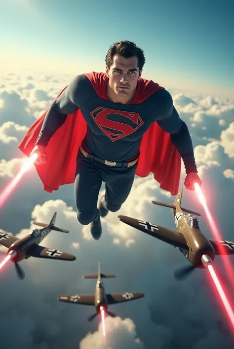 (photorealism:1.2), Superman wearing a New England Patriots uniform flying and shooting lasers from his eyes at a fleet of German warplanes