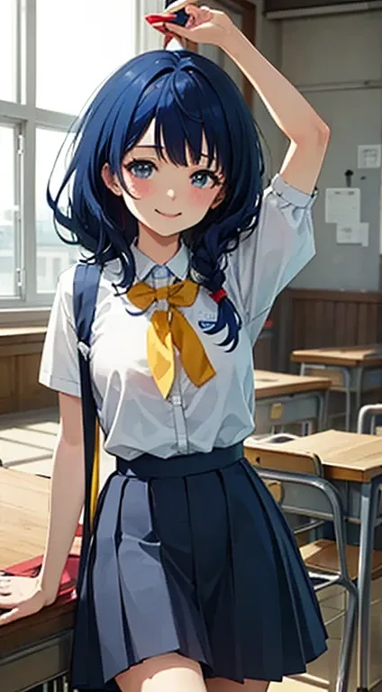 one woman、yanami anna、blue hair、turn around、school、classroom、smile,(((highest quality、high resolution)))、two arms、（chewing bread...