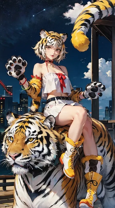 White outfit, bare shoulders, miniskirt, white tiger tail, paw gloves, tiger hands, tiger print wristband, tiger boots, choker, paw shoes, and a neon city in the sky.,mechanical arms
