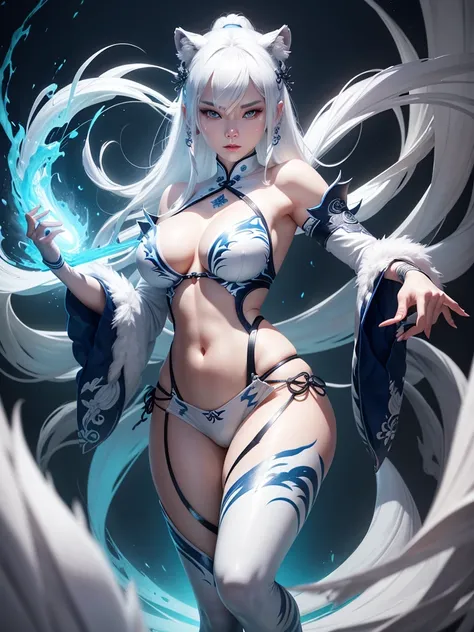 The White Tiger Woman, a figure from Chinese mythology, with white hair and blue eyes. 