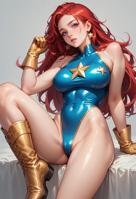 score_9, score_8_up, score_7_up, score_6_up, score_5_up, score_4_up, Sexy, Superheroine, Red hair, long hair, busty, ((blue highleg leotard with a t-back thong and a gold star insignia on chest)), gold boots, gold gloves