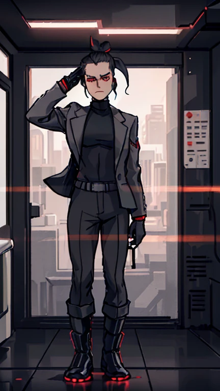 (detailed), (((normal guy))), (Arabic characteristics), ((gray wool jacket)), ((pelo negro rizado Ponytail hairstyle)), ((Ponytail hairstyle)), (calm face), ((by the width)), ((coffee boots)), (((whole body))), ((in a cyberpunk room)), ((male)), (gray turt...