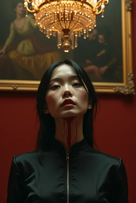 Chinese, very cute beautiful young woman, stuck a knife in his throat of a boy blindfold bloody in neck sadism, luxury house