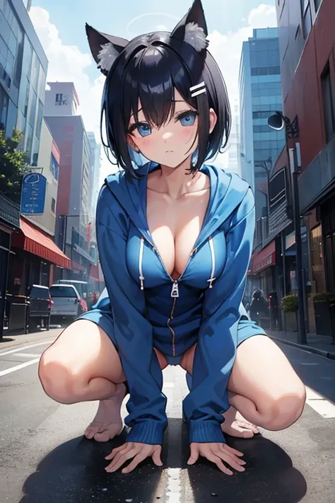 (Blue Naked Hoodie)、short hair、Zip-up、cool、Estrus、excited、Black Hair、Pillar、Big Breasts、((No bra))、Milk rush、City、In town、crowd、Get noticed、Pussy、Pussy、Lower body naked、Put the sausage against the crotch、((back))、((On all fours))Outdoor masturbation、Pussyに...