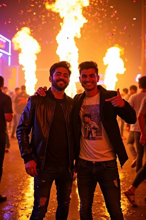 two man posing with blazing flames at party