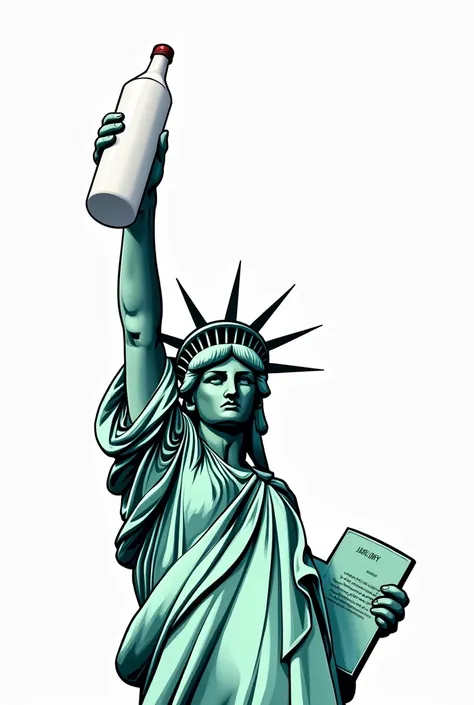 the Statue of Liberty in the comic style, in the right hand, she is (not holding a torch) instead holding a white colored bottle, the back ground is transparent