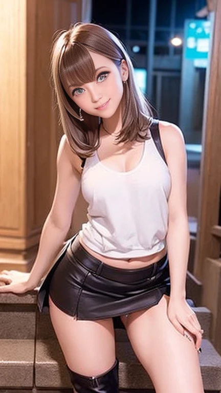 (High heel knee high boots)、(Sleeveless shirt with text print、belly button)、Tight mini skirt with slit、A 19-year-old girl standing alone by a pillar on the stairs in front of the station at night.、Short Bob Hair、Medium breast、smile、Beautiful long legs、mast...