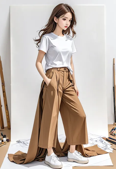 Costume design drawing, a girl, on a white background, wearing a white T-shirt, brown wide-leg pants, white shoes, in the picture disassembled models costume