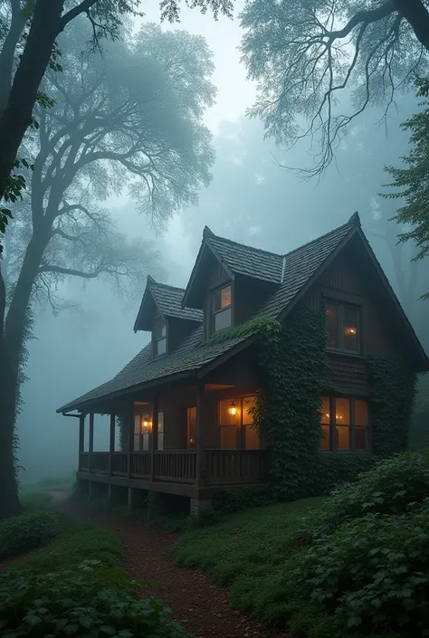 A house located within thick forest with dense Fogg with cinematic tones just look like an edited photo from dslr location take as mahabaleshwar,India 