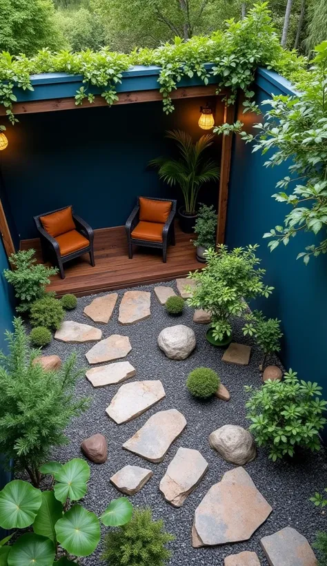 a small courtyard landscape design with an enclosed patio and rock garden, in the style of dark bronze and dark azure, li tiefu, aerial view, dark white and light green, colorful sidewalk scenes, dark black and dark beige, irregular shapes --ar 2:3 --style...