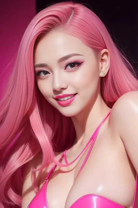 nsfw、Sexy Stylish Female idol、Glossy Transparent lipstick、Smiling face、Defined eyebrows、Glamorous makeup、eyelashes、full body Esbian、sheer latex dress（neon pink）、Colorful hair