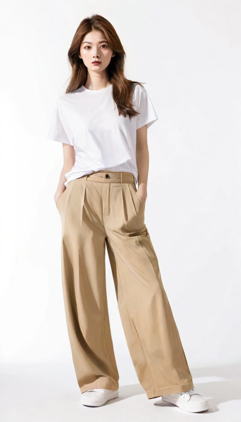 Costume design drawing, a girl, on a white background, wearing a white T-shirt, brown wide-leg pants, white shoes, in the picture disassembled models costume