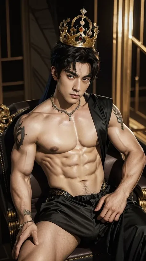 muscular shirtless king, defined abs and pectorals, black pants, big crown on his head, sitting on throne, looking at viewer majestically, black hair, facial hair, tattooed chest, navel, bara, sexy expression, high quality, 8k, hyperrealistic,