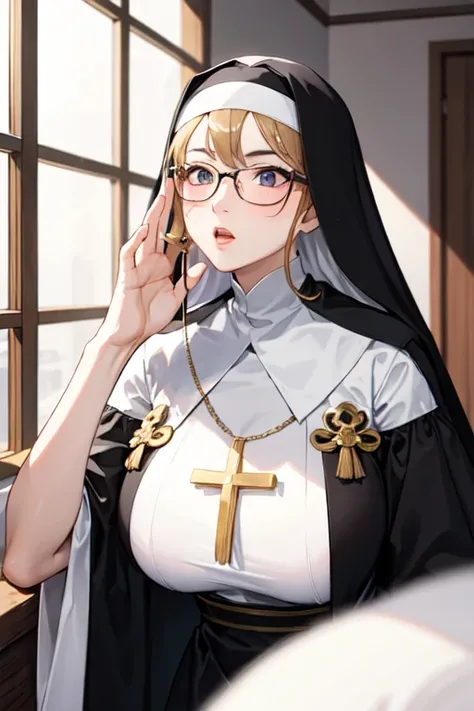 ((Highest quality)), ((masterpiece)), (detailed), A stern but serious Japanese boy with glasses is transformed by God into a big-breasted nun who falls in love with and kisses a middle-aged priest.