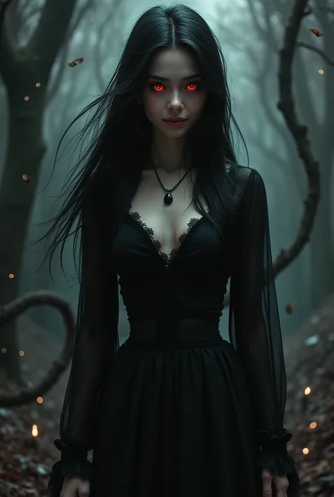 Black long hair, simple clothes, demon eyes, female, smile face, red eyes