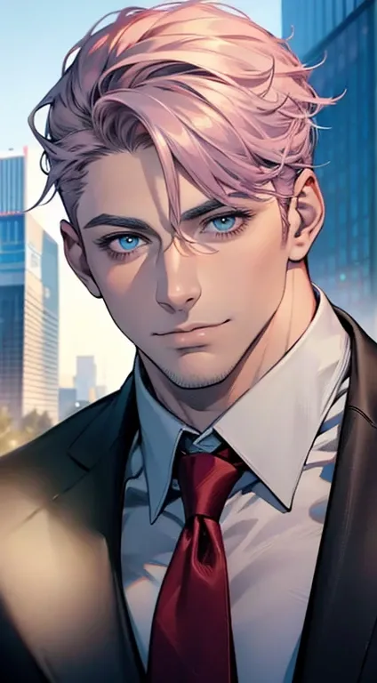 (best quality,4k,8k,highres,masterpiece:1.2),ultra-detailed,(realistic,photorealistic,photo-realistic:1.37),1 man,31 years old,mature man,very handsome,without expression,smile,short grey pink hair,blue eyes,penetrating gaze,perfect face without errors,imp...