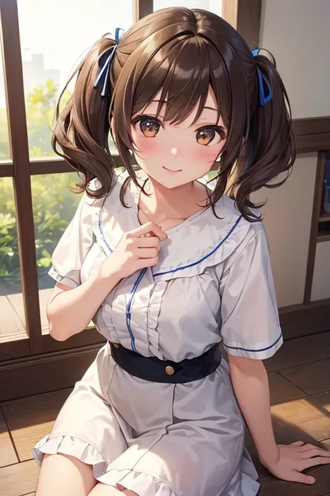 yumi fukuzawa、shiny brown hair,medium hair, 、(( high twintails、)),beautiful brown eyes、sparkling eyes, fine grain、smile、very fin...