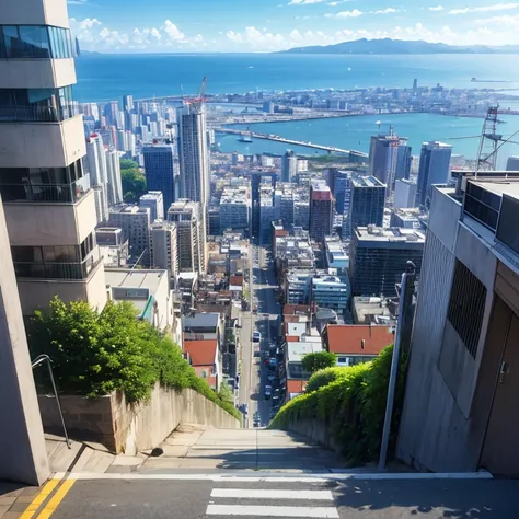 background only, scenery, city, heat haze, summer, (downhill:1.4), (sloped road), wide single road in Yokohama,
(cityscape in distance), (port city), (sea in distance:1.2), (gantry crane),
electric pole, electric cable,
white residences on right, (tree on ...