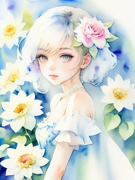 (masterpiece), (best quality: 1.1), (ultra-detailed), best illustration, finely detailed, (watercolor drawings: 1.4), (hand-painted: 1.2), (watercolor brush hair), bouquet consisting of field flowers, The person is clear　Background is white