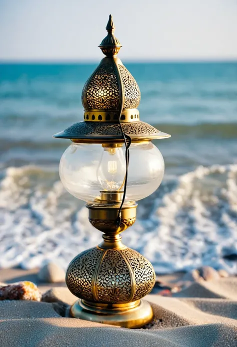 an islamic lamp on beach summer ，style raw