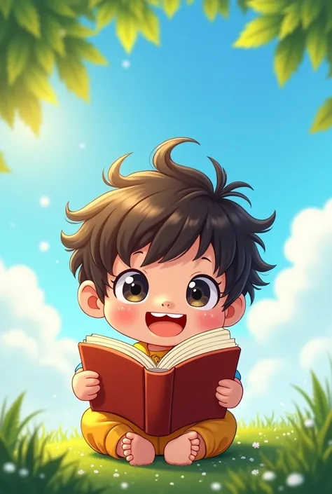 A chibi cartoon of a child engrossed in reading a book under a tree, with a bright blue sky in the background.
