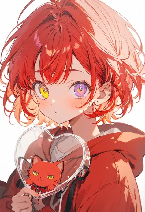 sutopuri riinu, a cute boy, Red cat ears, Red hair, Short hair, some black mesh hair, odd eyes (purple left eye and yellow right eye), Red hoodie, white background, look at me, upper part of the body, transparent , hold a heart cushion