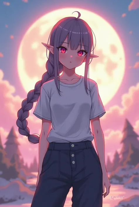 har ustey, one braid, long hair, wearing a shirt and pants, female, Tsagaan Arstai, anime, with demon eyes, simple ears