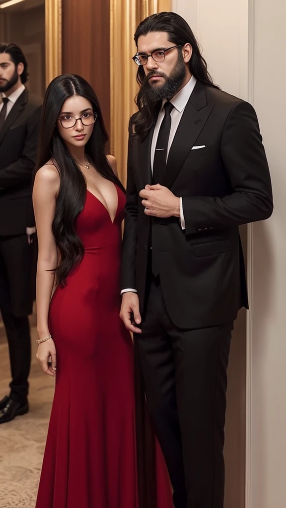 Cover for a mafia book. A young woman in a plain red dress, with long, wavy black hair and glasses. And a handsome man in a black suit, with beard, with well-cut black hair, serious, strong and tall. The couple will be in the background of an office.