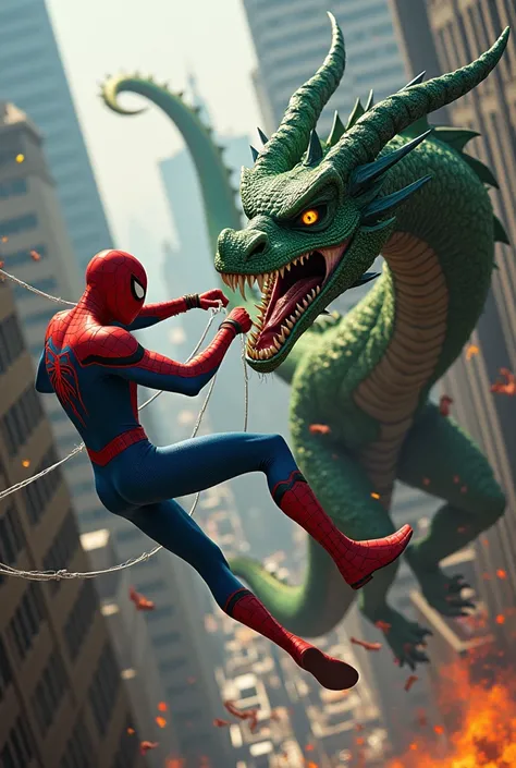 spiderman both fighting with dragon 