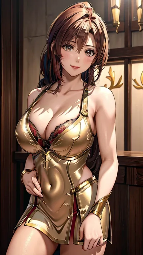 Gold Armor, 4K image, assembly, best quality, masterpiece, movie lighting ，Sexy，Large Breasts，Cleavage，action，In battle，Cleavage，Smile，noble，light beam from hand，Golden lightning surrounds，Red hair，Ponytail hairstyle，Saint Seiya Leo Aiolia，Blink，Lipstick，H...