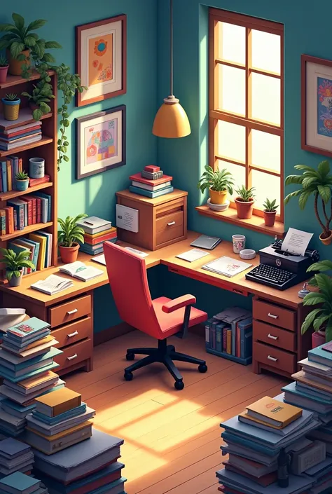 isometric render of cluttered office room in a pixel-art style with a comfy feeling