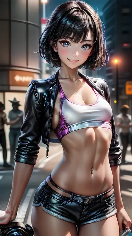 (Cowboy Shot), (Perfect Anatomy, Highest quality, 超High resolution, High resolution, Highly detailed CG, 8K Unit Wallpaper), 26-year-old woman, alone, Beautiful attention to detail, Black Hair, Short Bob Hair, Blunt Bang, (Small breasts, A slender body lik...