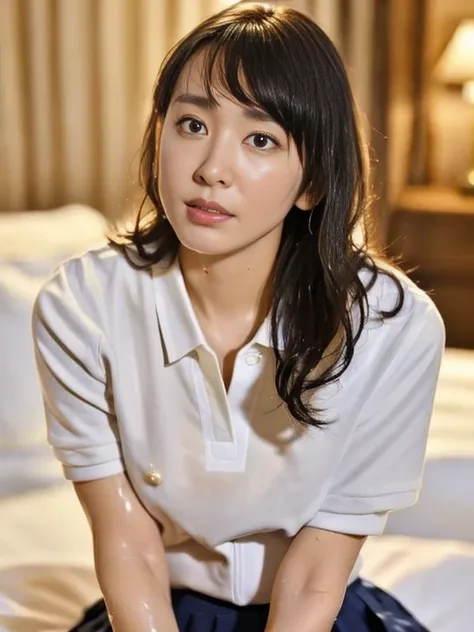 (Masterpiece, Best quality:1.4), (Ultra realistic, Photo-realistic:1.2), Natural light, 28 years old actress, Japanese women, Neat and clean, (Tennis uniform, White short-sleeve polo shirt, Navyblue pleated skirt:1.2), (unbutton:1.3), (Ponytail:1.2), Short...