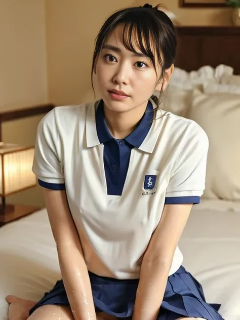 (Masterpiece, Best quality:1.4), (Ultra realistic, Photo-realistic:1.2), Natural light, 28 years old actress, Japanese women, Neat and clean, (Tennis uniform, White short-sleeve polo shirt, Navyblue pleated skirt:1.2), (unbutton:1.3), (Ponytail:1.2), Short...