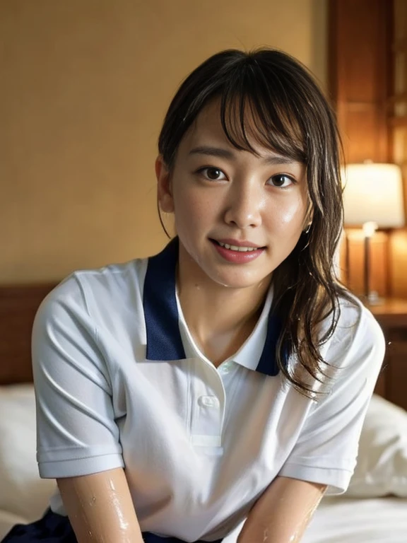 (Masterpiece, Best quality:1.4), (Ultra realistic, Photo-realistic:1.2), Natural light, 28 years old actress, Japanese women, Neat and clean, (Tennis uniform, White short-sleeve polo shirt, Navyblue pleated skirt:1.2), (unbutton:1.3), (Ponytail:1.2), Short...