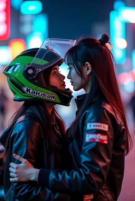 very beautiful Japanese high school girl, about to Ride on a off-road motorcycle, at downtown at night, dramatic scene, masterpiece, (face focus:1.3), clear helmet visor, beautiful eyes, Kawasaki bike, Shoei helmet, (wearing off-road riders outfits), two g...