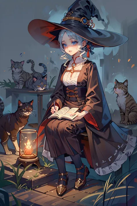 a very beautiful witch、multiple very large cats、witch&#39;s familiar cat、the witch is diligently hitting the cat、the cat is stan...