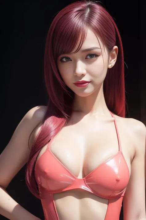 A stylish idol with glossy transparent lipstick, happy smile, defined eyebrows, edgy makeup, long eyelashes, full body, wearing a sheer neon pink latex dress, colorful hair,  (best quality, 4k, 8k, highres, masterpiece:1.2), ultra-detailed, (realistic, pho...