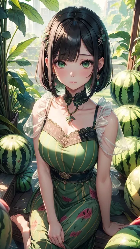 (masterpiece、Highest quality、Highest quality、Beautiful and beautiful:1.2)、（Pastel color 1.5）、Aerial view、Standing posture、Black Bob Cut、Has bangs、Beautiful round green eyes、Holding a watermelon shyly、Deformed cute fairy、Watermelon striped dress、barefoot、Pu...