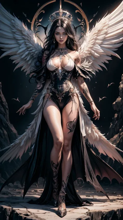 ((Perfect dynamic composition:1.7, Detailed tattoos all over the body:1.6, Wear exquisite jewelry:1.6)), Highly detailed skin and face:1.3, Details of the limbs, Wings on the shoulder, Angel wings and devil wings, White wings and black wings, (Realistic pi...