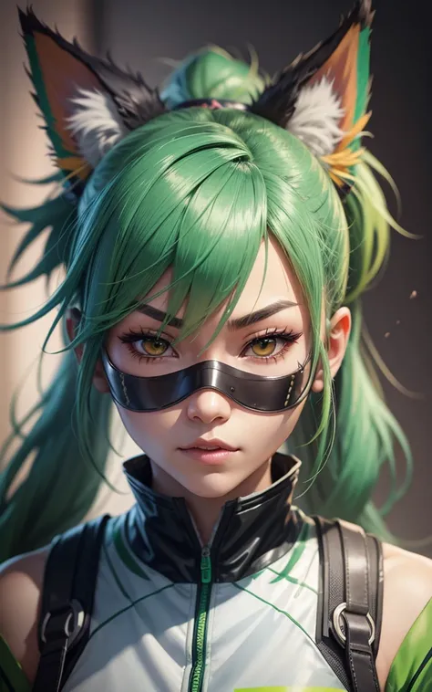 kiriko (overwatch), green hair, ponytail, facial mark, fox mask, half mask --auto --s2