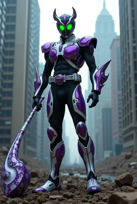 Kamen Rider His costume is based on the robot and cobra. The costume is purple, white, and black. His eyes glow a bright dark green. He holds a whip with a handle based on the robot and cobra. It is purple, black, and white. He stands on the ruins of a bui...