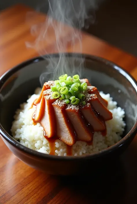 A Japanese-style donburi (rice bowl) with white scallions and pork, topped with a soy sauce-based sauce.　Taken from above