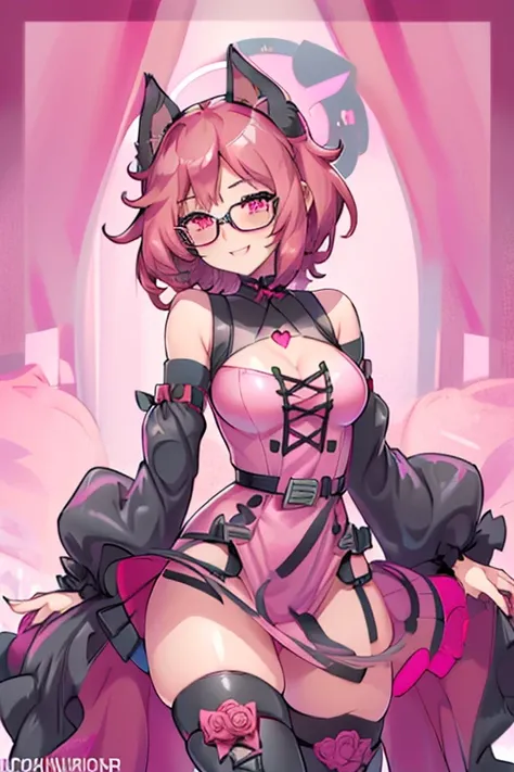 female, pink short messy hair, red eyes, black cat ears, pink cat tail, (((1girl))), (((black and pink minidress))), (pink belt), (black fingerless gloves), (black thigh high boots), (rose tinted glasses), cute and sexy, full body, modest breasts, long leg...