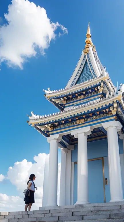 Blue sky, white clouds, temple, people