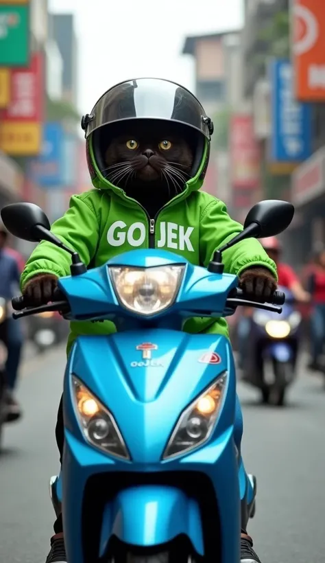 Create an image of a chubby, cute black cat riding a blue Honda Beat matic motorcycle on a busy road. The cat is wearing a green jacket with the word "GOJEK" white color printed on it, along with a helmet on its head both of ears are disappear behing helme...