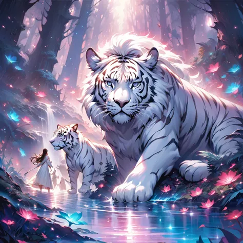 beautiful detailed Hindu goddess Durga, riding a fierce white tiger, Vibrant and realistic colors, surreal landscape, ethereal atmosphere, mystical forest, magical moonlight, dreamlike water reflections, dynamic composition, enchanting scene, intense and c...