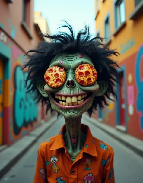 Zombie man good-vibes "THAT KIDDING FROM NEW" with black hair type c4 curly with "🍕" in place of the eyes love pizza